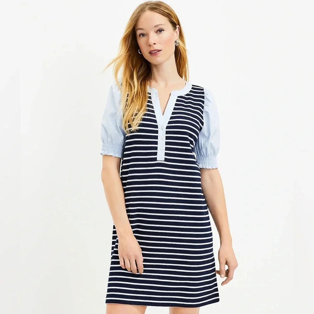 Ann Taylor LOFT Striped Mixed Media V-Neck Cotton Shift Dress Size Small S